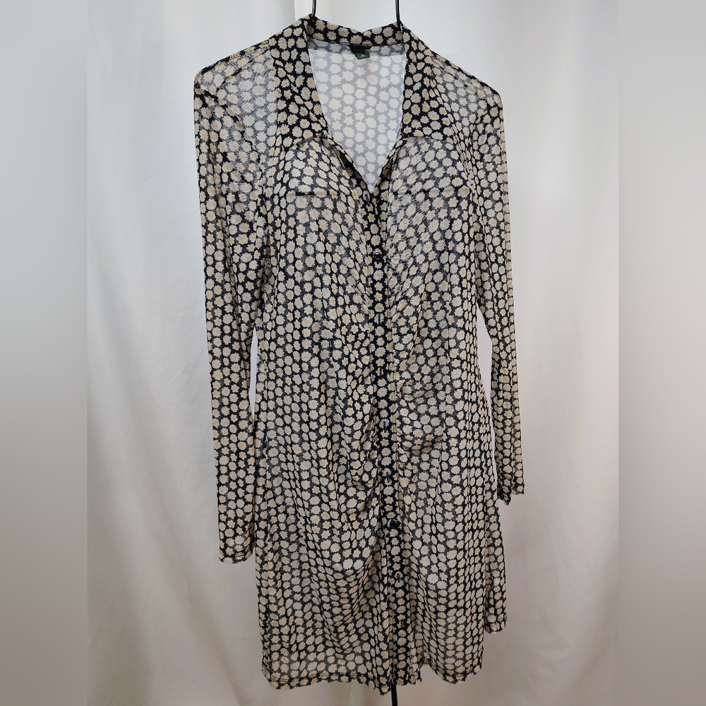 Wild Fable Black and Cream Daisy Print Black Sheer Long Sleeve Dress Medium